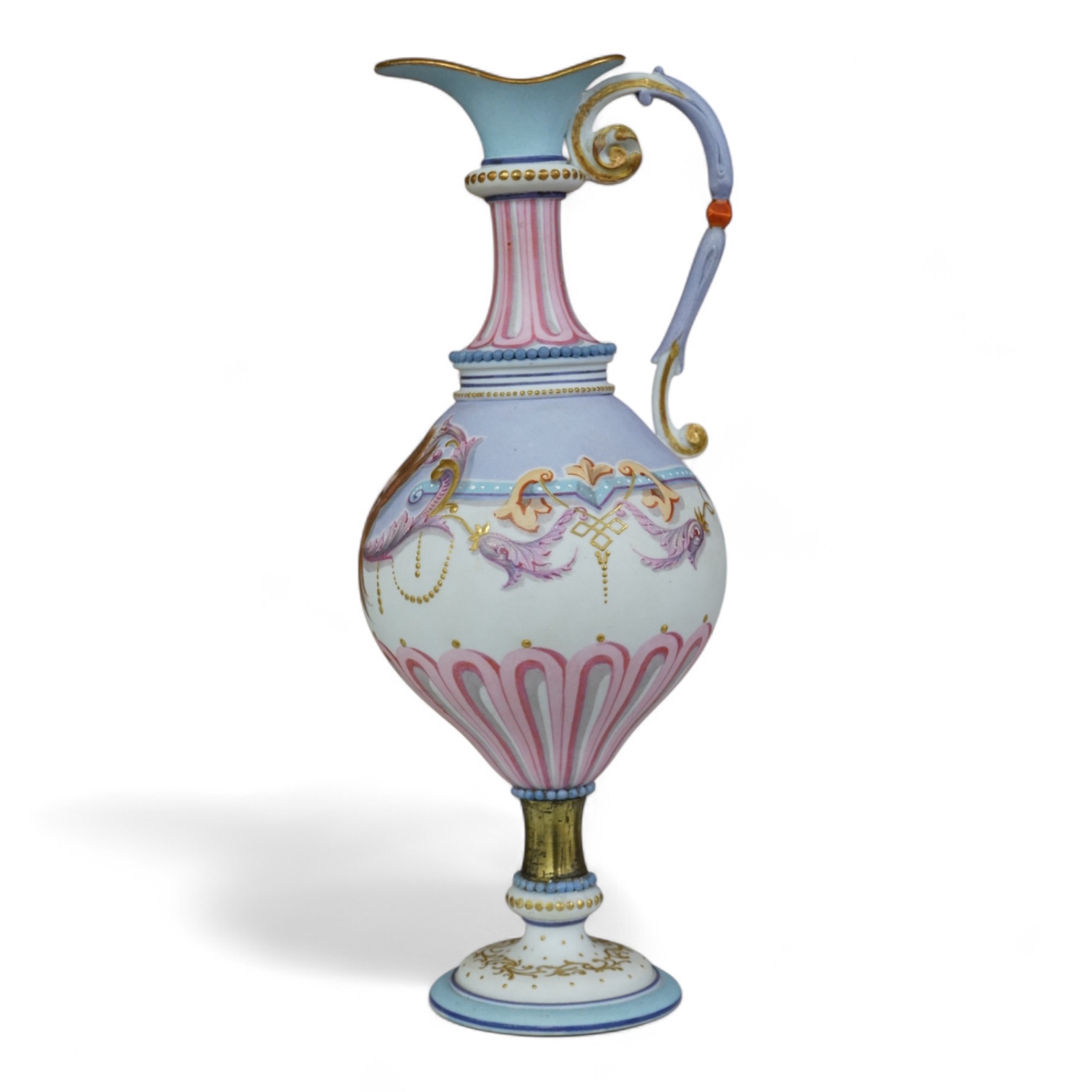 A 19th century Paris porcelain neo-classical pedestal ewer decorated with satyr mask and scrolls, 24cm high